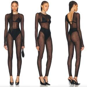 Oseree | NWT Crystal Jumpsuit in Black Gem Mesh Sheer Catsuit Bling S